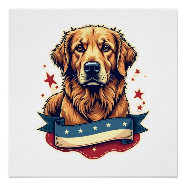 Poster Retro Patriotic Golden Retriever Engraving Tee 4 (Devant)