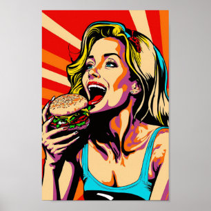 Poster Retro Pop Art Girl Manger Burger