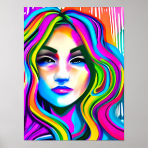 Poster Retro Portrait d'une femme avec les cheveux arc-en