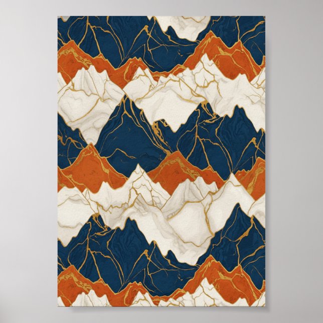 Poster Retro Red Blue Mountain Landscape Art (Devant)