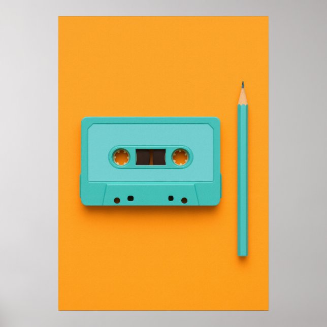 Poster Retro Rewind: Pop Art Cassette Tape with Pencil (Devant)