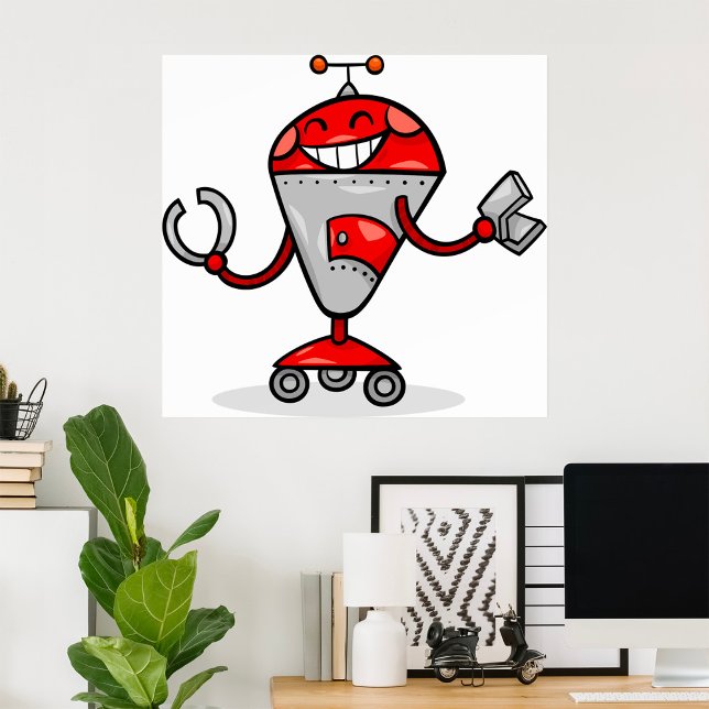 Poster Retro Robot Cartoon amusant Rouge et Argent AI Bot (Créateur téléchargé)