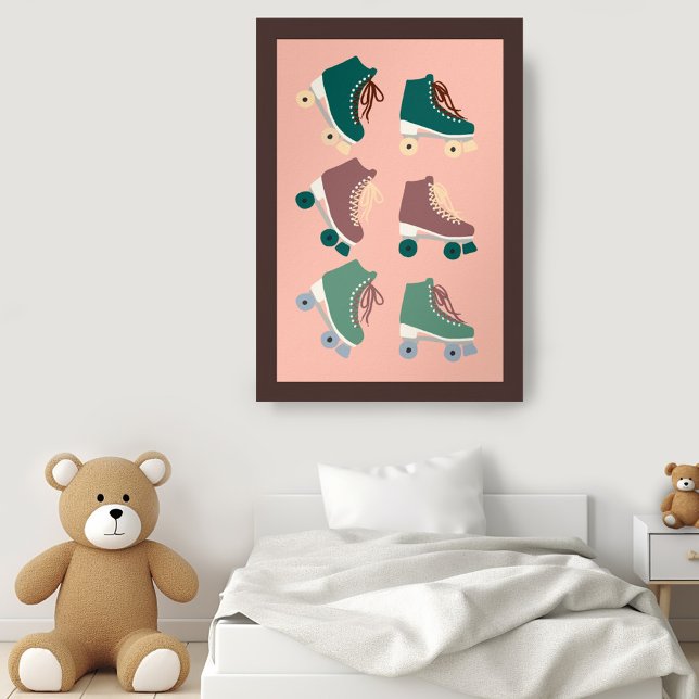 Poster Retro Rollerskates Vert Dusty rose Cool Super (Retro Rollerskates Green Dusty Pink Poster Nursery Playroom Vintage Cute Groovy Wall Art)