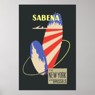 Poster Retro Sabena Airlines to New York via Brussels