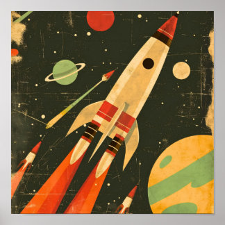 Poster Retro Sci-Fi Rocket Space Illustration Design