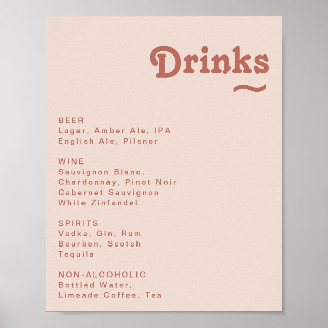 Poster Rétro simple | Blush Rose Mariage Boissons Menu Si (Devant)