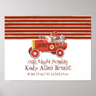 Poster Retro Sock Monkey w Fire Engine Baby Boy Cadeaux