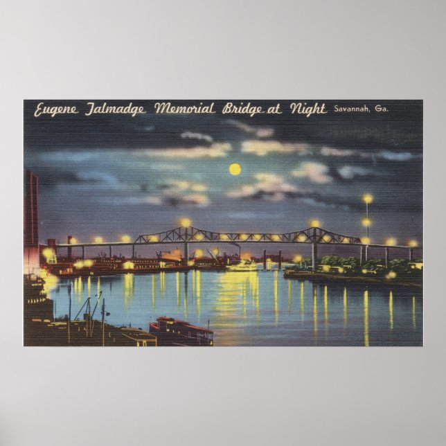 Poster Retro Talmadge Bridge Night Savannah GA (Devant)