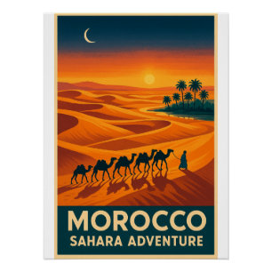 Poster Retro Travel - Sahara Desert Sunset, Maroc