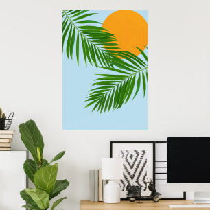 Poster Retro Tropical Sun Palm Feuille Bleu Minimal
