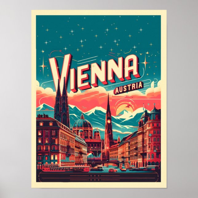Poster Retro Vienna City Autriche cadeaux skyline (Devant)