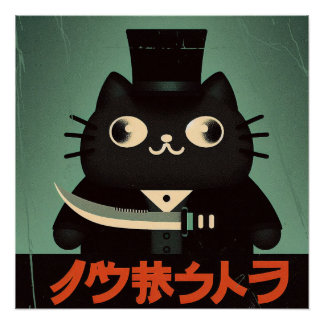 Poster Retro Vintage Black Cat with Suit and Knife Japan