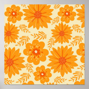 Poster Retro Vintage Orange Botanique Fleur Motif Automne