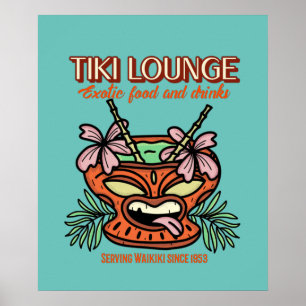 Poster Retro Waikiki Tiki Lounge Imprimer Brown