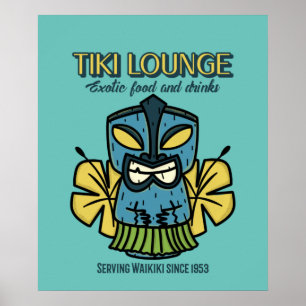 Poster Retro Waikiki Tiki Lounge Imprimer Brown