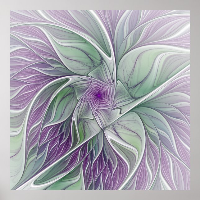 Poster Rêve de fleurs, Abstrait violet vert Fractal Art (Devant)