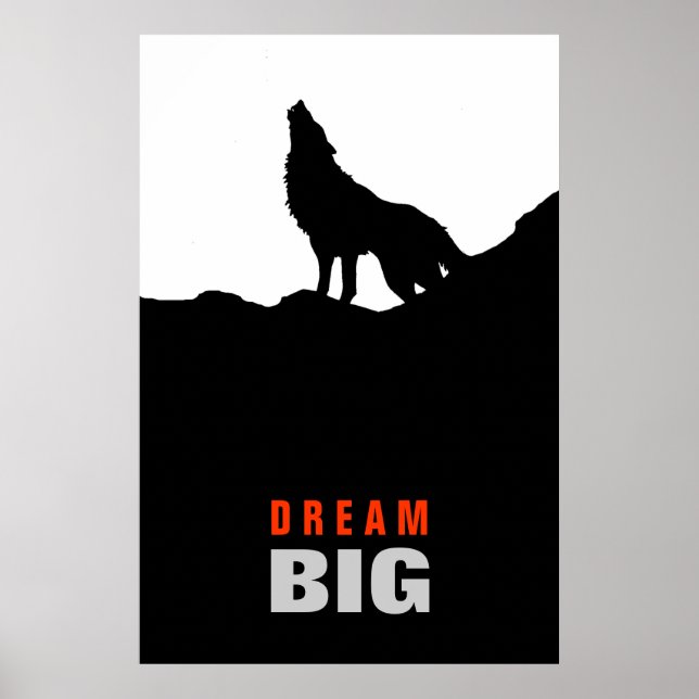 Poster Rêver Grand Loup Motivationnel sur la colline Noir (Devant)