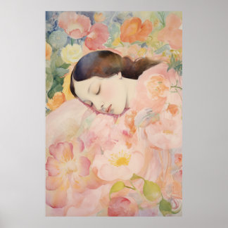 Poster Rêverie en fleurs – Femme endormie à l'aquarelle