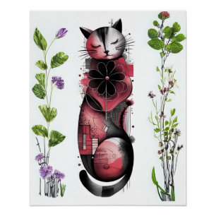 Poster Rêves botaniques et Whiskers - Chat Abstrait