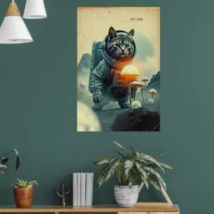 Poster Rêves de Chat Spatial sur Lune Champignon