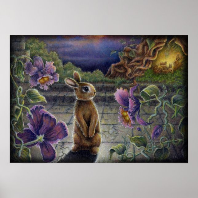 Poster Rêves de lapin Fleurs d'Imaginaire Peinture de lap (Devant)