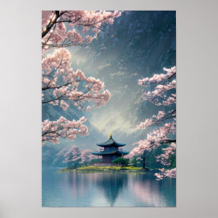 Poster Rêves en fleurs, Temple au bord de la rivière