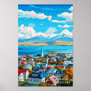 Poster Reykjavik Islande illustration de voyage vintage