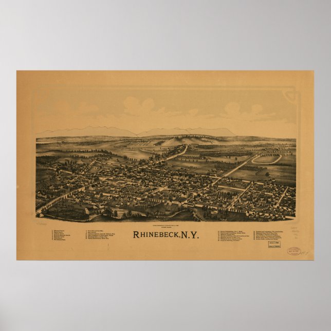 Poster Rhinebeck New York 1890 Antique carte panoramique (Devant)