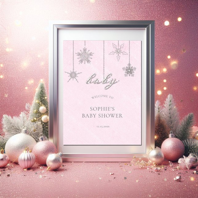 Poster Rhinestones Snowflakes Baby shower rose Bienvenue (baby cold outside pink christmas girl baby shower welcome poster sign snowflakes rhinestones glitter)