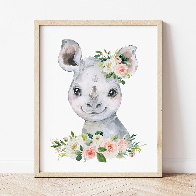 Poster Rhino, Safari, Jungle, Fleurs roses, Petite Fille (Créateur téléchargé)