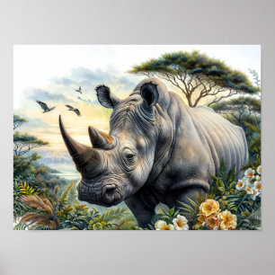 Poster Rhinoceros Botanique Floral Aquarelle Art