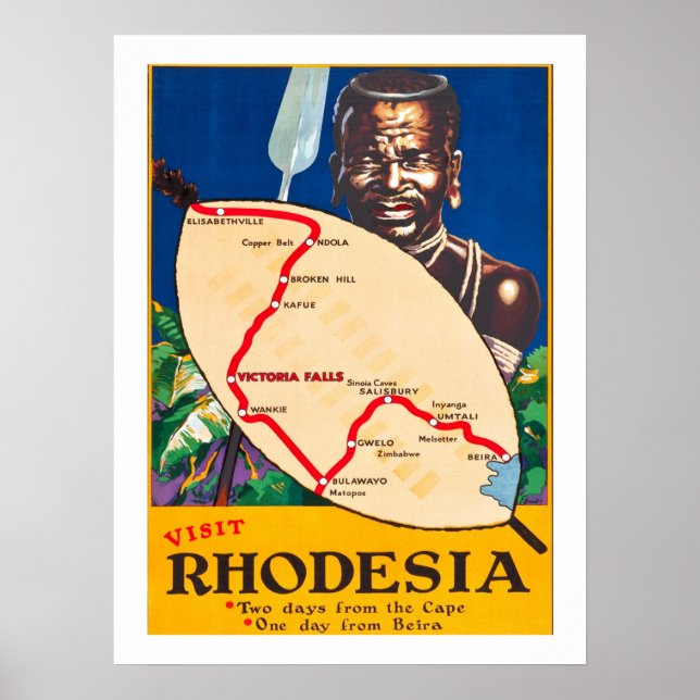 Poster Rhodésie, guerrier traditionnel avec carte sur bou (Devant)