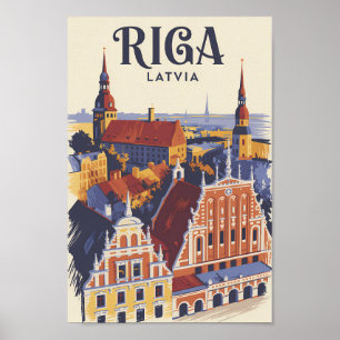 Poster Riga Lettonie Illustration Voyage Art Vintage