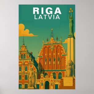 Poster Riga vintage, Lettonie Paysage urbain rétro balte