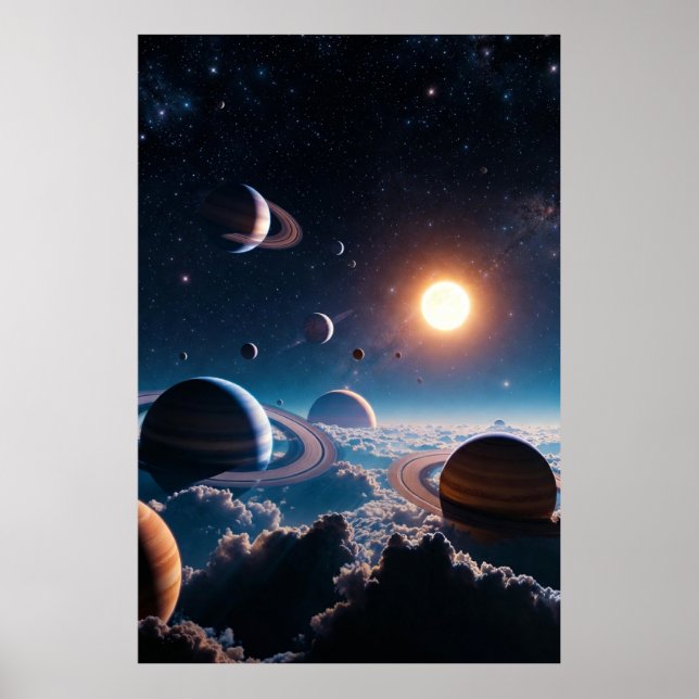 Poster Ringed Worlds Above the Clouds – Cosmic Planetary  (Devant)