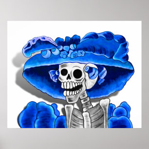 Poster Rire Skeleton Woman dans Blue Bonnet