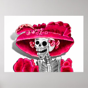 Poster Rire Skeleton Woman dans Red Bonnet