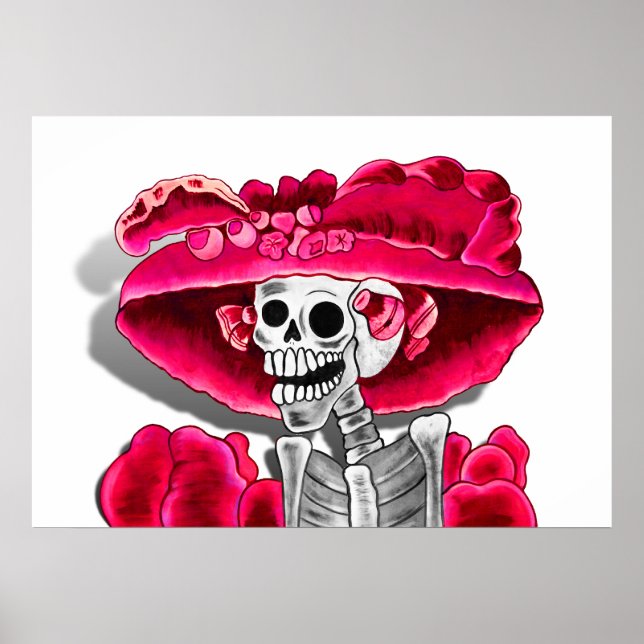 Poster Rire Skeleton Woman dans Red Bonnet (Devant)