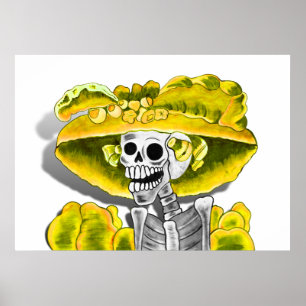 Poster Rire Skeleton Woman dans Yellow Bonnet