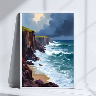 Poster Rivage orageux | Peinture de vagues océaniques de 