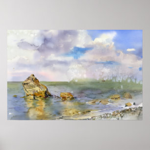 Poster Rivage rocheux et nuages d'été aquarelle