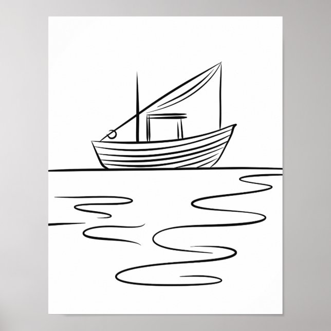 Poster River Fishing Boat Line Art (Devant)