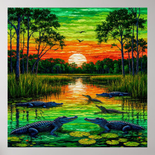 Poster Riverbank en alligator au coucher du soleil