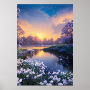 Poster Rivière au calme dans un lit de fleurs blanches