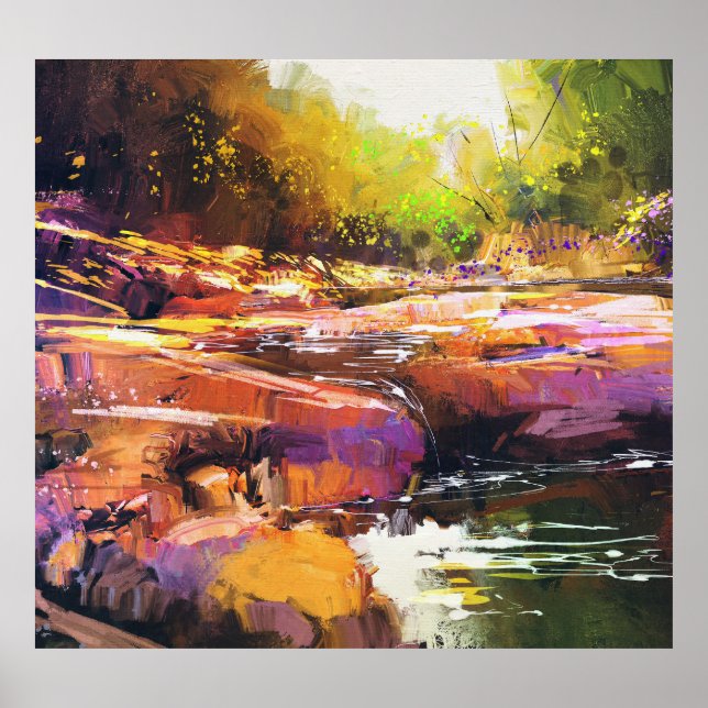 Poster Rivière d'automne colorée, peinture de paysage. (Devant)