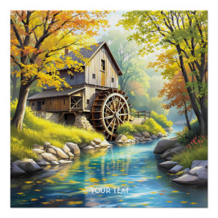 Poster Rivière de moulin à eau en bois mou Imaginaire