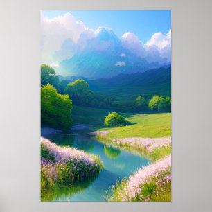 Poster Rivière, Fleurs et Montagnes Nuageuses