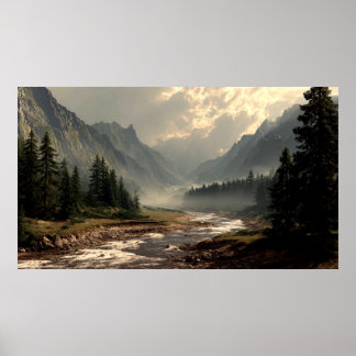 Poster Rivière sereine coulant à travers la vallée de la