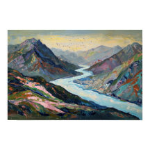 Rivière Tranquil, Montagne Hues Illustration Rétro