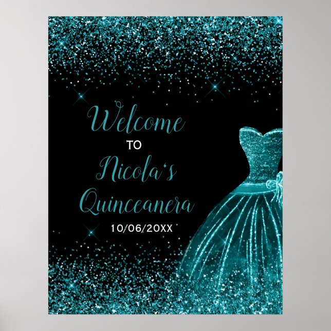 Poster Robe Bleue turquoise Faux Parties scintillant Quin (Devant)